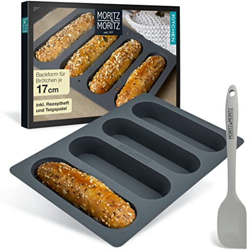 Moritz & Moritz Hot Dog Brötchen Backform Silikon 17cm – Mini Baguette Backform Silikon für Hotdogs, Minikuchen und große Müsliriegel inkl. Teigschaber und Rezeptheft von Moritz & Moritz