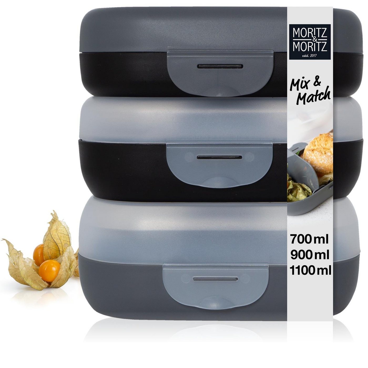 Moritz & Moritz Lunchbox Moritz & Moritz Mix Brotdosen dunkel, (3er Set, 6-tlg), Mix & Match - mit Fächern von Moritz & Moritz