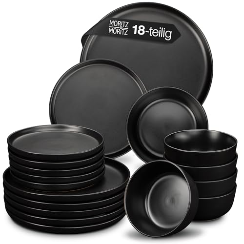 Moritz & Moritz NORDIC Geschirrset 6 Personen - 18-teiliges Steingut Geschirr Set in Schwarz - Skandinavisches Design - Robustes Teller Set 6 Personen für Alltag & Gäste - Kombiservice Geschirrsets von Moritz & Moritz