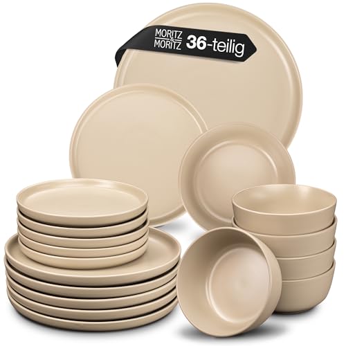 Moritz & Moritz NORDIC Geschirrset 12 Personen - 36-teiliges Steingut Geschirr Set in Taupe - Skandinavisches Design - Robustes Teller Set 12 Personen für Alltag & Gäste - Kombiservice Geschirrsets von Moritz & Moritz