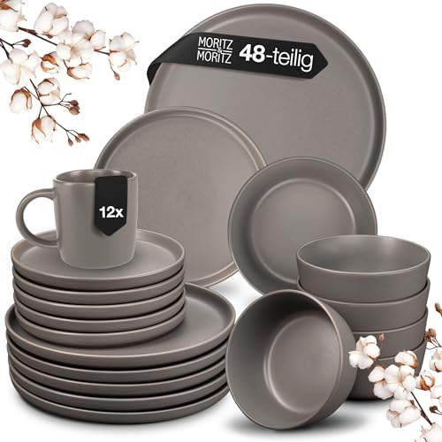 Moritz & Moritz NORDIC Geschirrset 12 Personen - 48-teiliges Steingut Geschirr Set in Grau - Skandinavisches Design - Robustes Teller Set 12 Personen für Alltag & Gäste - Kombiservice Geschirrsets von Moritz & Moritz