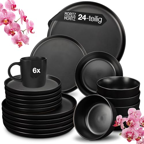 Moritz & Moritz NORDIC Geschirrset 6 Personen - 24-teiliges Steingut Geschirr Set in Schwarz - Skandinavisches Design - Robustes Teller Set 6 Personen für Alltag & Gäste - Kombiservice Geschirrsets von Moritz & Moritz