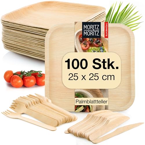 Moritz & Moritz Nachhaltiges Palmblatt Geschirrset für 100 Personen - 100 Teller Einweg 25 x 25 cm - 100 Holzbesteck Einweg - Alternative zu Bambusteller und Bambus Geschirrset von Moritz & Moritz