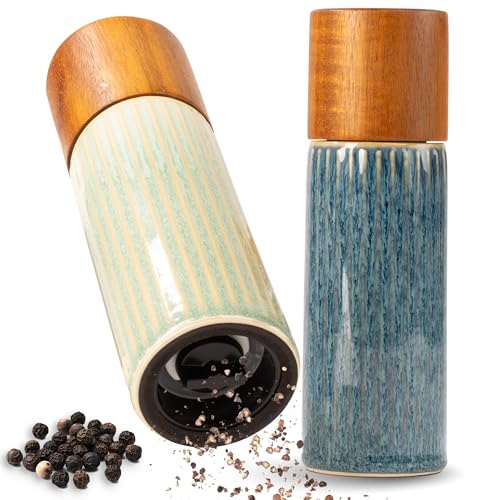 Moritz & Moritz PEPE Gewürzmühle 2er Set blau/grün - Salz und Pfeffermühle aus Steinzeug & Akazienholz mit Keramikmahlwerk, einstellbarem Mahlgrad und innovativem Click-System - Salzmühle & Chilimühle von Moritz & Moritz