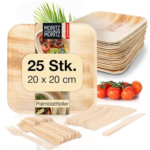 Moritz & Moritz Palmblattgeschirr Eckig 20cm mit Besteck für 25 Personen - 25 Teller Einweg 20 x 20 cm - 25 Holzbesteck Einweg - Alternative zu Bambusteller und Bambus Geschirrset Moritz & Moritz Palmblattgeschirr Eckig 20cm mit Besteck für 25 Personen - 25 Teller Einweg 20 x 20 cm - 25 Holzbesteck Einweg - Alternative zu Bambusteller und Bambus Geschirrset von Moritz & Moritz