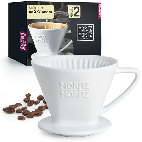 Moritz & Moritz Permanent Kaffeefilter Porzellan Größe 2 – Kaffeefilter Wiederverwendbar – kompatibel mit Melitta Filtertüten 1x2 – Kaffee Filteraufsatz für 2-3 Tassen - inklusive 10x Papierfilter von Moritz & Moritz