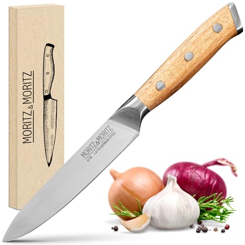 Moritz & Moritz Profi Küchenmesser 13 cm - Universalmesser Küche Kochmesser - Allzweckmesser für Obst, Gemüse, Fleisch und mehr - Ergonomischer Griff aus Akazienholz - Deutscher Messerstahl von Moritz & Moritz