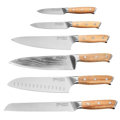 Moritz & Moritz Profi Küchenmesser Komplett-Set mit Damastmesser, Santoku-Messer, Kochmesser, Brotmesser, Universalmesser & Gemüsemesser aus deutschem Messerstahl & mit Akazienholz Griff von Moritz & Moritz