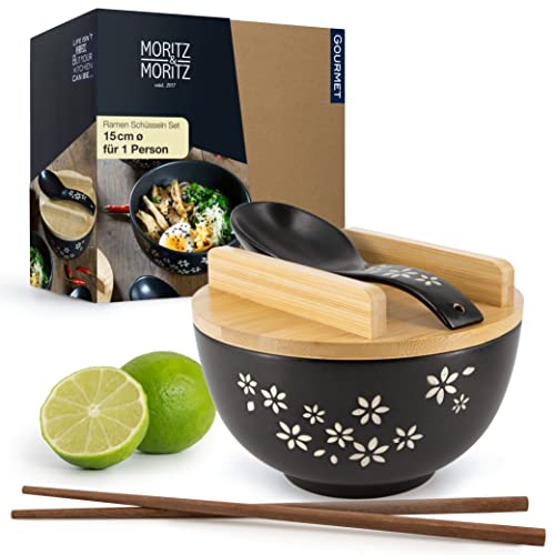 Moritz & Moritz Ramen mit Blumen schwarz inklusive Deckel und Löffel Für Suppe, Pho und Sushi Bowl – Inkl. Stäbchen, Deckel und Löffel von Moritz & Moritz