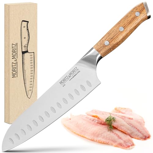 Moritz & Moritz Santoku Messer 18 cm - Profi Kochmesser im japanischem Stil mit extra scharfer Klinge - Küchenmesser für Fleisch, Sushi etc. - Ergonomischer Akazienholz-Griff - Deutscher Messerstahl von Moritz & Moritz