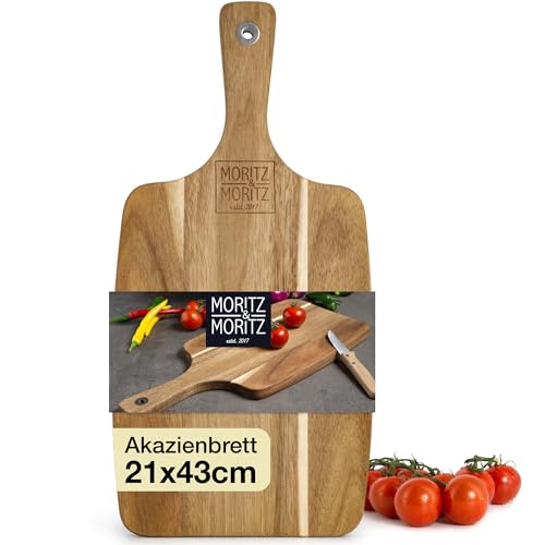 Moritz & Moritz Servierbrett Holz mit Griff 43,5 x 21,5 x 1,9 cm – Holzbrett zum Servieren – Antibakterielles Akazie Holzbrett Küche auch als Frühstücksplatte oder Käseplatte Holz von Moritz & Moritz