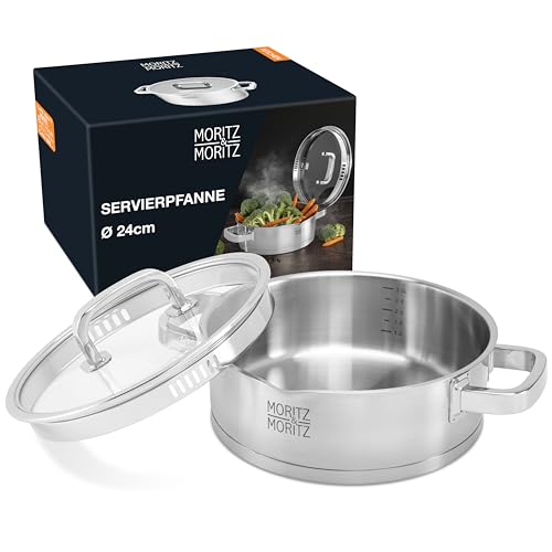 Moritz & Moritz Edelstahl Servierpfanne mit Deckel 24cm - Für alle Herdarten geeignet - Skala bis 3L - Integriertes Sieb im Deckel - Induktions Topf zum Braten, Schmoren und Servieren von Moritz & Moritz