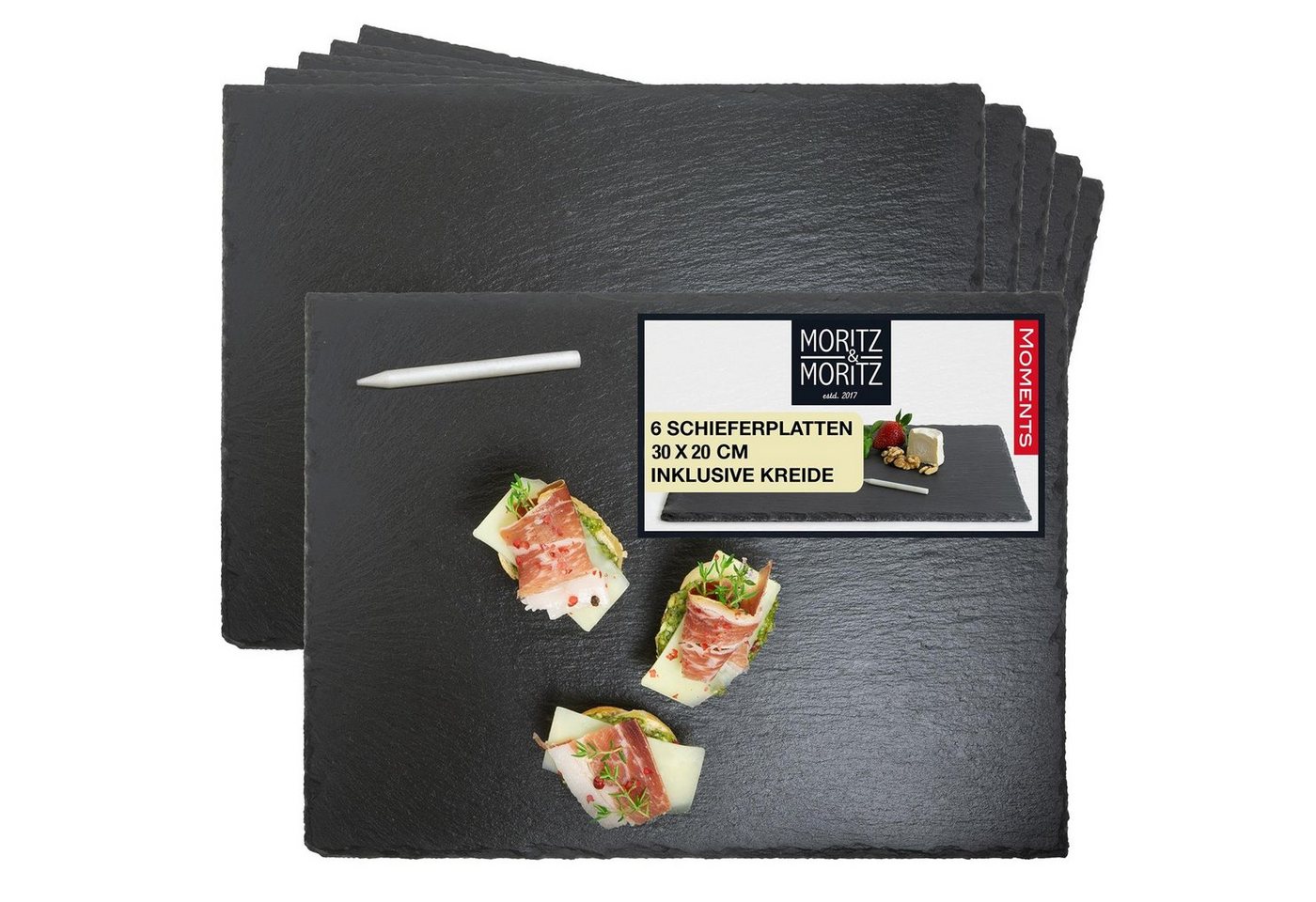 Moritz & Moritz Servierplatte Schieferplatten 30x20 cm, Schiefer, (6er Set, 7-tlg), 20 x 30 cm mit Kreidestift von Moritz & Moritz