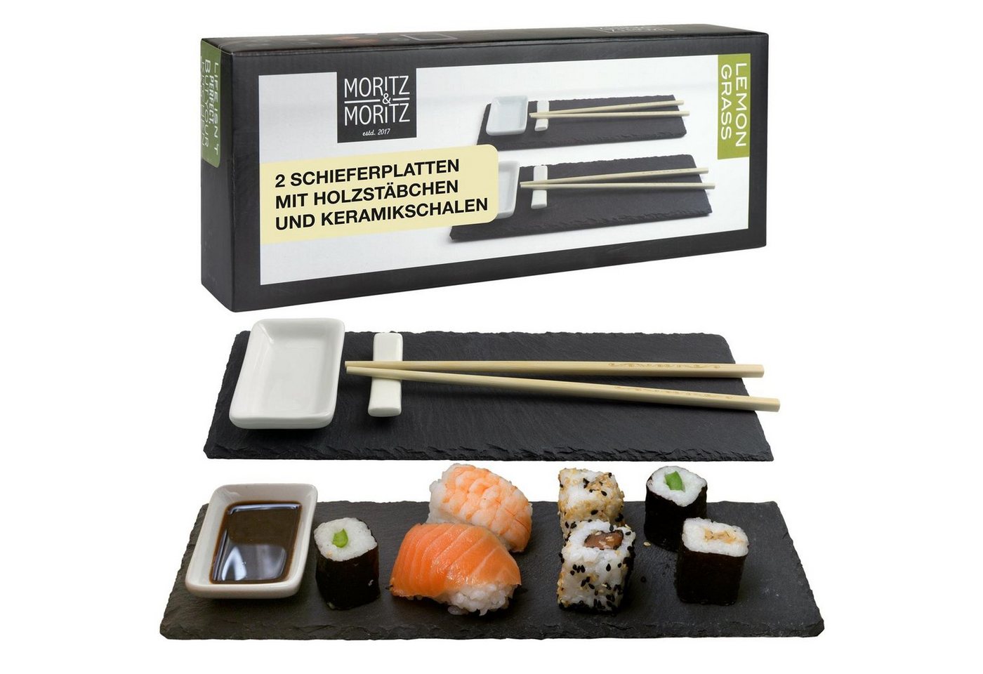 Moritz & Moritz Servierplatte Servierplatte - Schieferset Lemon Grass, Schiefer, Keramik, Bambus, (Lemongras, 10-tlg), Schiefer Suhsi Set - Sushi Geschirr von Moritz & Moritz