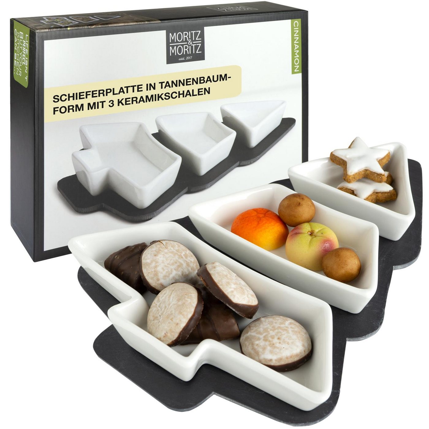 Moritz & Moritz Servierplatte Servierschalen Set Tannenbaum mit Schieferplatte, Porzellan, Schiefer, (Set, 4-tlg., 4- teiliges Set), Weihnachtliches Motiv, Hochwertiges Keramik, Schieferplatte von Moritz & Moritz