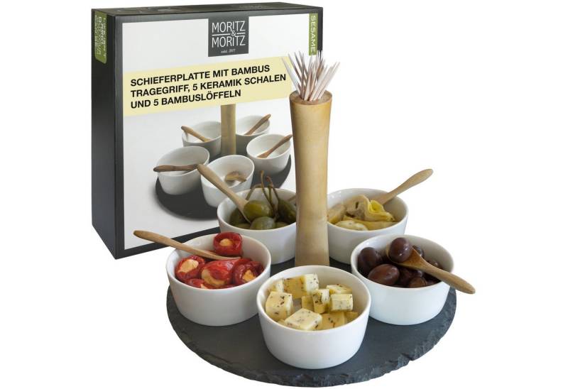 Moritz & Moritz Servierplatte Weiße Dipschalen Set mit Schieferplatte - Sesame, Keramik, (Set, 11-tlg., 11- teiliges Set), Hochwertiges Keramik von Moritz & Moritz