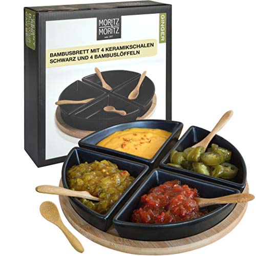 Moritz & Moritz Servierplatte mit Antipasti Schalen 22 cm - Bambusplatte Serviertablett mit Keramik Schüssel Bambuslöffel - Schälchen Set Für Vorspeisen Dips und Snacks von Moritz & Moritz