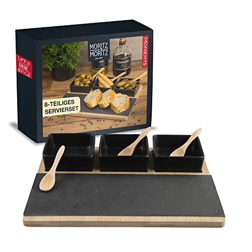 Moritz & Moritz 3x Schwarze Dipschalen Set mit Brett Holz und Schieferplatte - Dip Schälchen für Snacks - Snack Schalen Set Keramik - Kleine Schüsseln als Saucenschälchen, Snackschalen, Dessertschalen von Moritz & Moritz