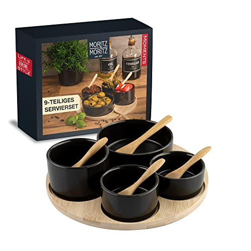 Moritz & Moritz 9-tlg. Servierschalen Set Schwarz inkl. Bambuslöffel - Keramik Schalen Set als Tapas Schalen, Dip Schälchen, Snackschale und Dessertschalen von Moritz & Moritz