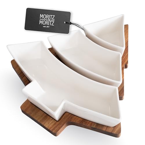 Moritz & Moritz Servierschalen Set Weihnachten Tannenbaum - Dip Schalen Set mit Holztablett aus Akazienholz - Keramik Schälchen für Snacks, Dips, Plätzchen & Festliche Tischdeko von Moritz & Moritz