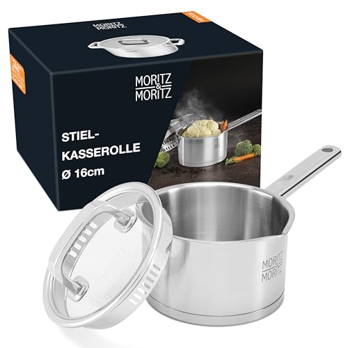 Moritz & Moritz Edelstahl Stielkasserolle mit Deckel 16cm - Für alle Herdarten geeignet - Skala bis 1,5L - Integriertes Sieb im Deckel - Induktions Topf für Suppen, Saucen, Reis und mehr von Moritz & Moritz