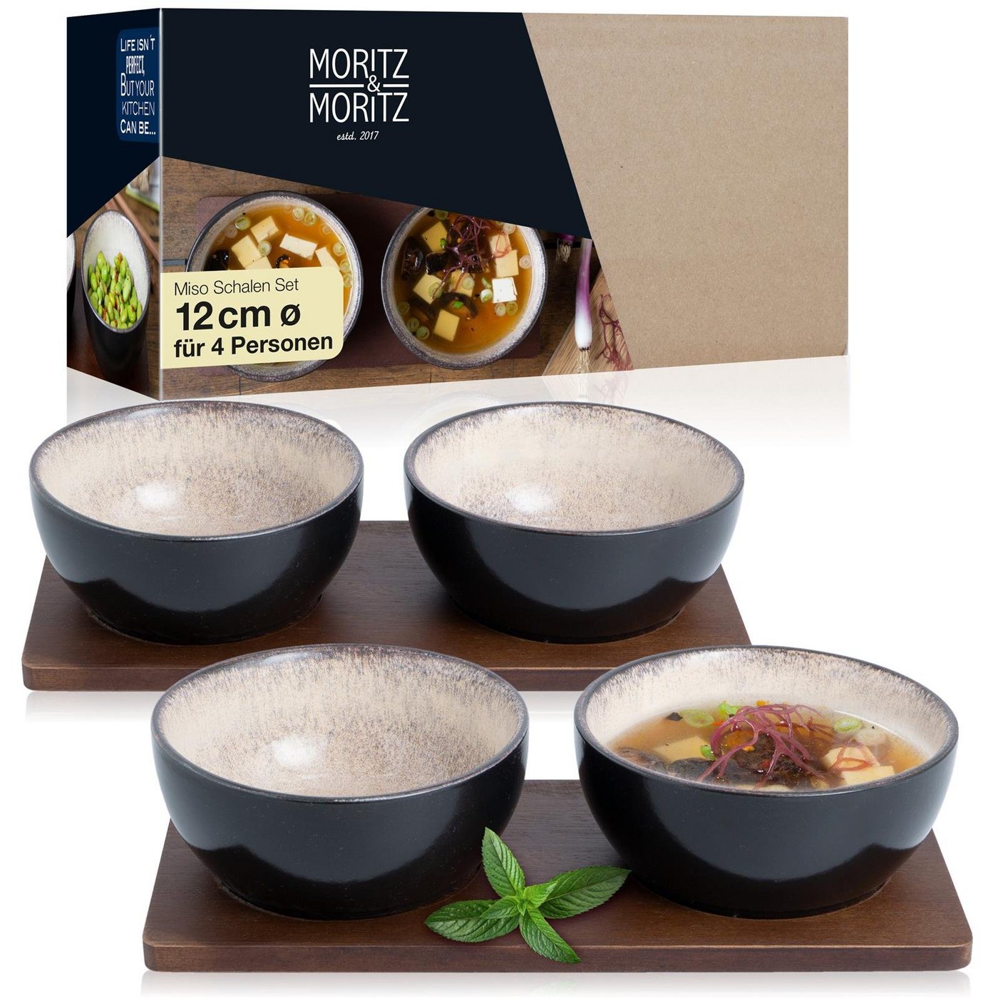 Moritz & Moritz Suppenschüssel Moritz & Moritz 4tlg Miso Schalen Beige Asia Geschirr Set Digital, Porzellan, Sandelholz, (Set, 6-tlg, 6-tlg), Japanisches Geschirr Set aus Keramik mit Serviertablett von Moritz & Moritz