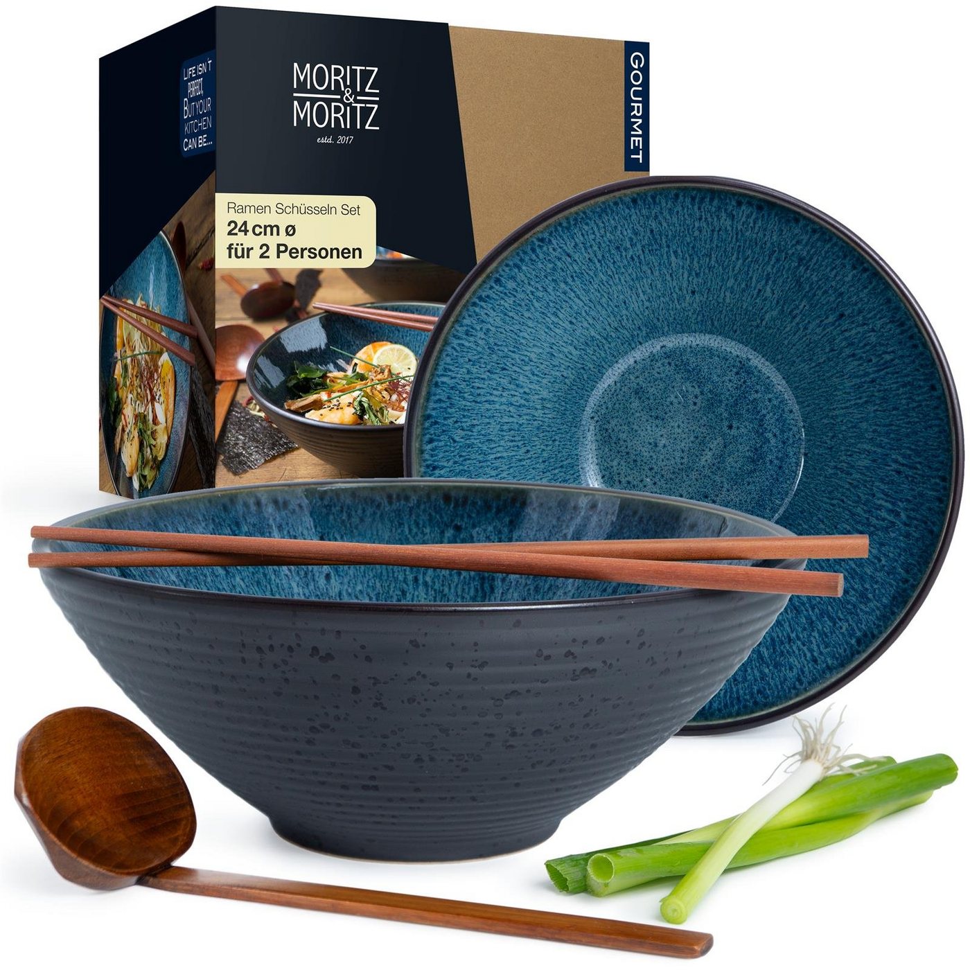 Moritz & Moritz Suppenschüssel Moritz & Moritz SOLID 2x Ramen Blau mit Rillen, Keramik, (2er Set, 6-tlg), Ramen Bowl Set für 4 Personen von Moritz & Moritz