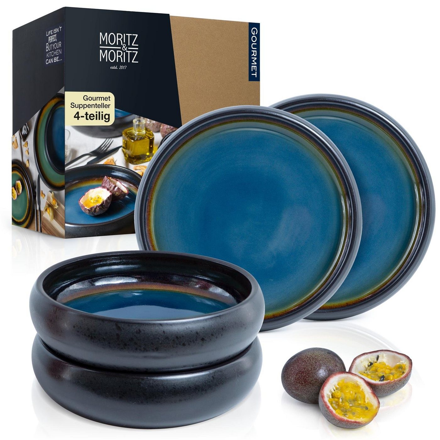 Moritz & Moritz Suppenteller SOLID 4x Suppenteller Blau/Braun, (4 St), Bowl Schüssel für Suppe, Nudeln, Salat oder Müsli von Moritz & Moritz