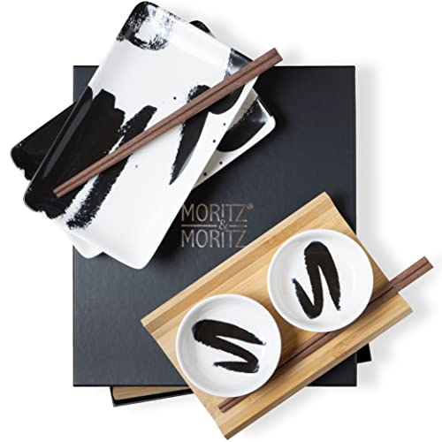 Moritz & Moritz 10-tlg. Sushi Geschirr Set für 2 Personen - Sushi Servierset mit 2x Sushi-Teller, Dip-Schälchen und Stäbchen von Moritz & Moritz