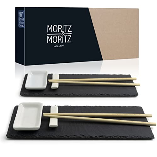 Moritz & Moritz 10-TLG. Sushi Platte Schiefer mit Dipschalen für 2 Personen - 30x10 cm - Sushi Geschirr Schieferplatten mit Stäbchen Ablagebänkchen Dipschalen Schiefertellern von Moritz & Moritz