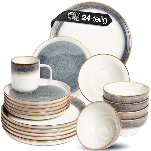 Moritz & Moritz TARENTO 24-tlg. Geschirrset 6 Personen Grau - Elegantes Teller Set aus hochwertigem Steinzeug - Geschirr Set aus 6x Dinnerteller, 6x Dessertteller, 6x Suppenteller und 6x Tassen von Moritz & Moritz