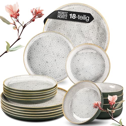 Moritz & Moritz TERRA 18-tlg Geschirrset 6 Personen - Teller Set in dezentem Grau aus hochwertigem Porzellan - Geschirr Set 6 Personen aus je 6x Speiseteller, Dessertteller und Schalen von Moritz & Moritz