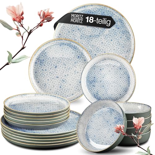 Moritz & Moritz TERRA 18-tlg Geschirrset 6 Personen - Teller Set in strahlendem Azurblau aus hochwertigem Porzellan - Geschirr Set 6 Personen aus je 6x Speiseteller, Dessertteller und Schalen von Moritz & Moritz