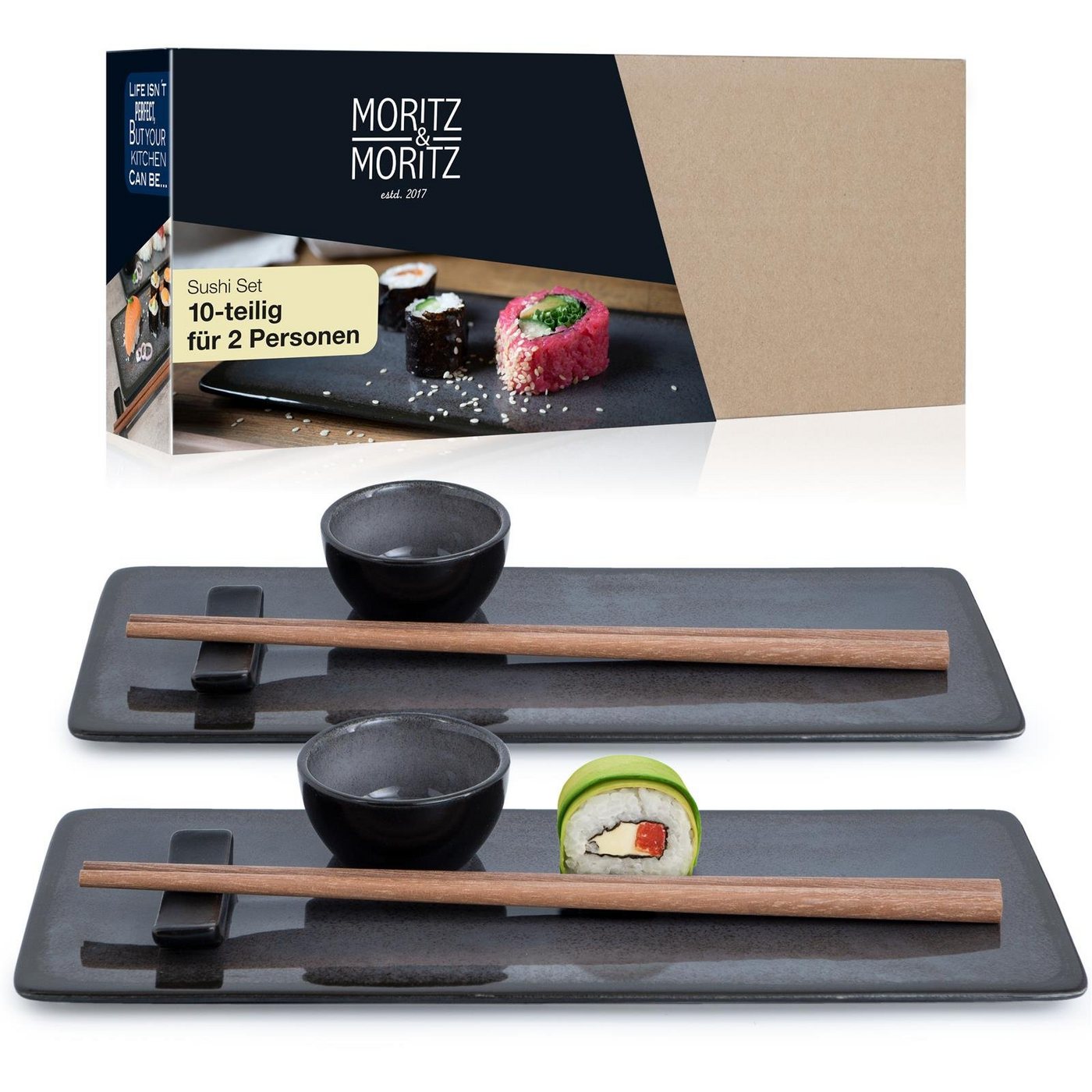 Moritz & Moritz Tafelservice Moritz & Moritz 10tlg Sushi Teller Anthrazit Asia Geschirr Set Digital (10-tlg), 2 Personen, Porzellan, für 2 Personen - 10 Teile von Moritz & Moritz