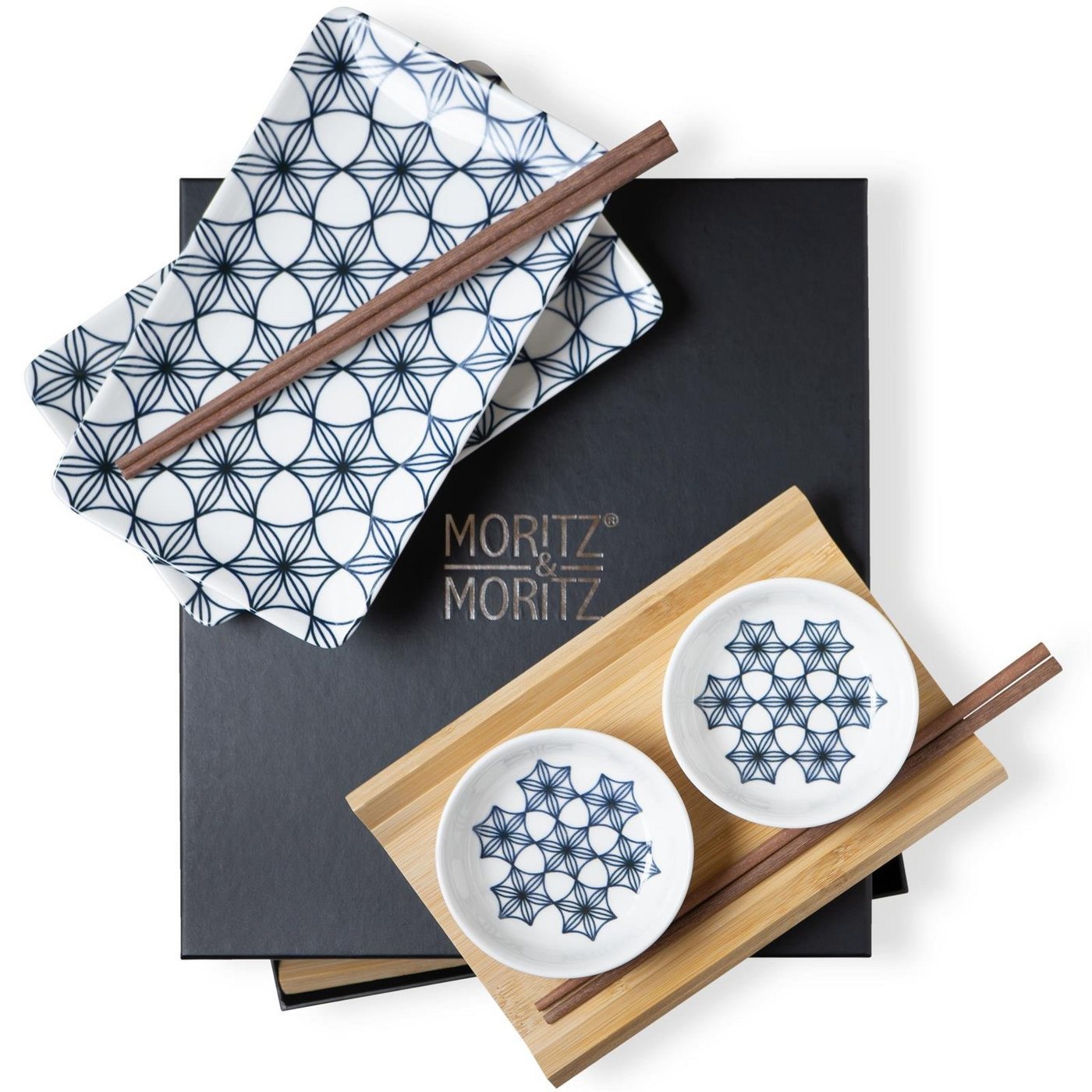 Moritz & Moritz Tafelservice Moritz & Moritz Gourmet - Sushi Set 10 teilig Blaue Blumen (8-tlg), 2 Personen, Porzellan, Geschirrset für 2 Personen von Moritz & Moritz