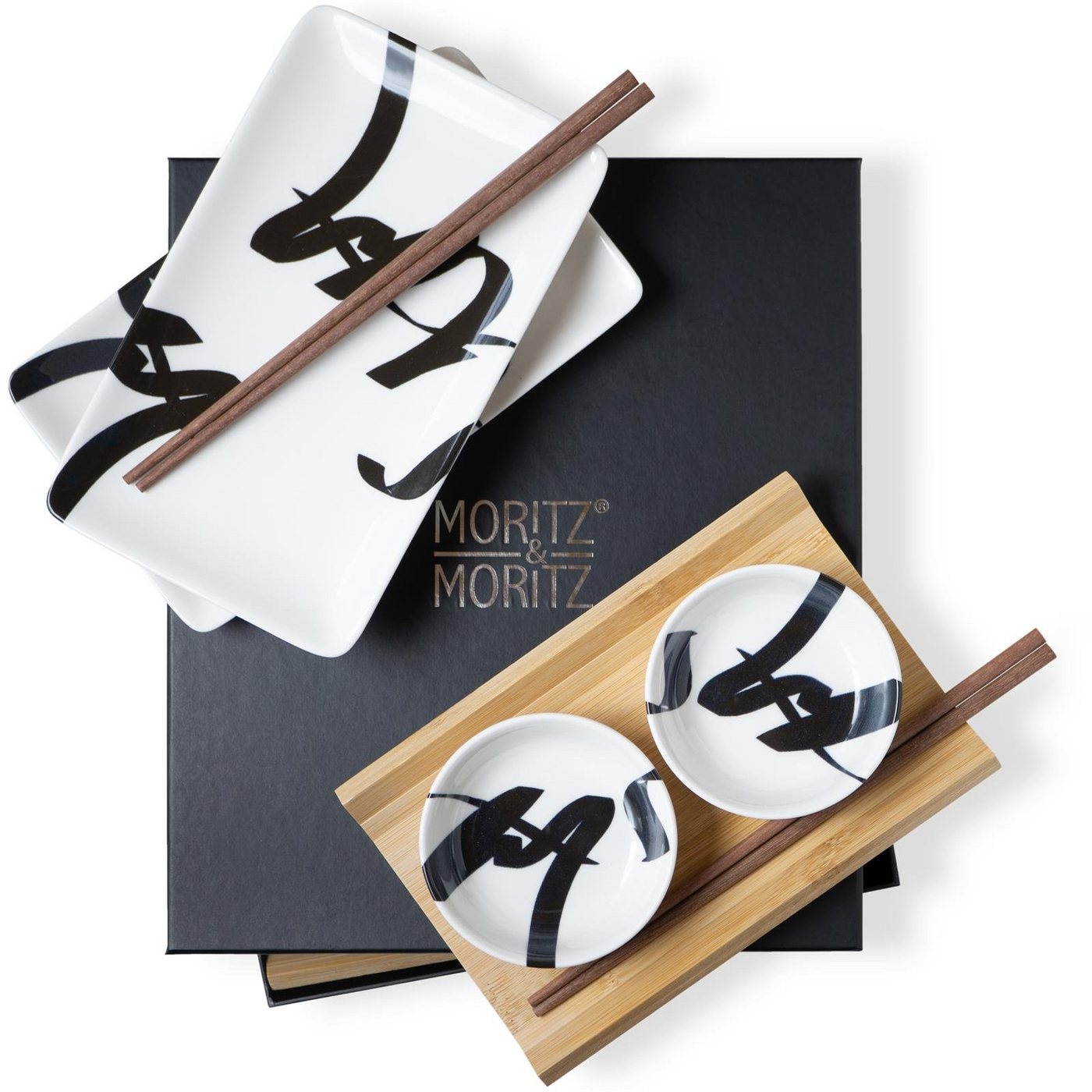 Moritz & Moritz Tafelservice Moritz & Moritz Gourmet - Sushi Set 10 teilig Pinselschrift schwarz (8-tlg), 2 Personen, Porzellan, Geschirrset für 2 Personen von Moritz & Moritz