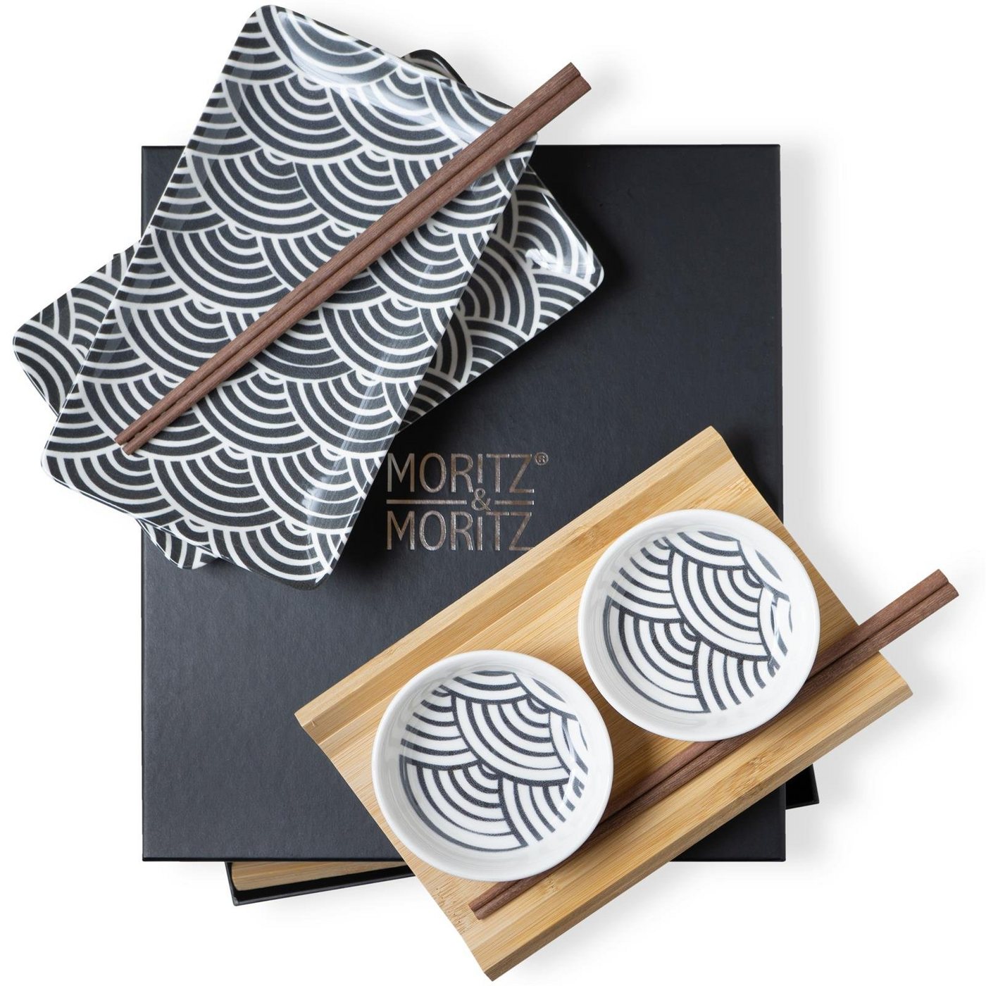 Moritz & Moritz Tafelservice Moritz & Moritz Gourmet - Sushi Set 10 teilig schwarze Bögen (8-tlg), 2 Personen, Porzellan, Geschirrset für 2 Personen von Moritz & Moritz