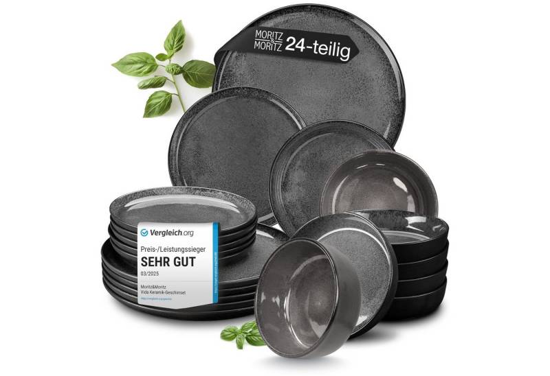 Moritz & Moritz Tafelservice VIDA Geschirrset mit Müslibowls Anthrazit (24-tlg), 6 Personen, Porzellan, Kombigeschirr für 6 Personen von Moritz & Moritz