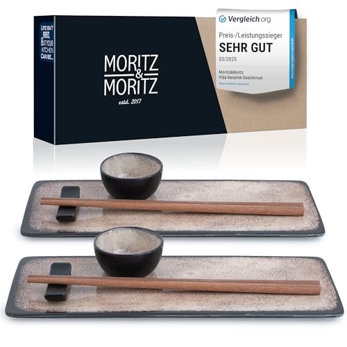 Moritz & Moritz VIDA 10-tlg. Sushi Geschirr Set für 2 Personen - Sushi Servierset mit 2x Sushi-Teller, Dip-Schälchen und Stäbchen von Moritz & Moritz