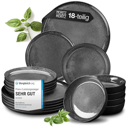Moritz & Moritz VIDA Geschirrset 6 Personen Anthrazit 18-tlg. - Modernes Porzellan Geschirr Set - Kratz-, Mikrowellen- & Spülmaschinenfest, Essgeschirr, Tafelservice, Kombiservice 6 Personen von Moritz & Moritz