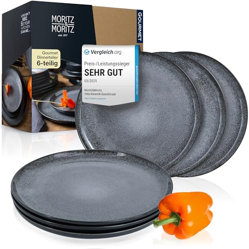 Moritz & Moritz VIDA 6er Dinner Teller Set Anthrazit - Dinnerteller für 6 Personen - Porzellan spülmaschinen- und mikrowellengeeignet von Moritz & Moritz