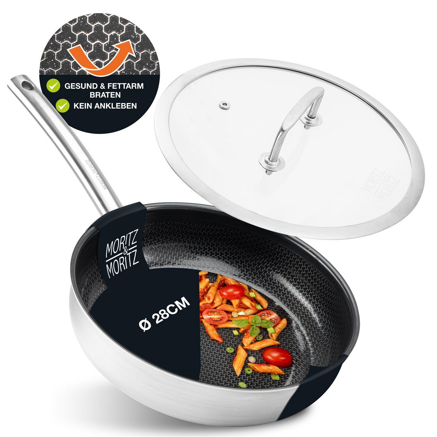 Moritz & Moritz Wok Pfanne mit Deckel 28cm gerader Rand, 304 Edelstahl (Bratpfanne & Deckel Set) von Moritz & Moritz