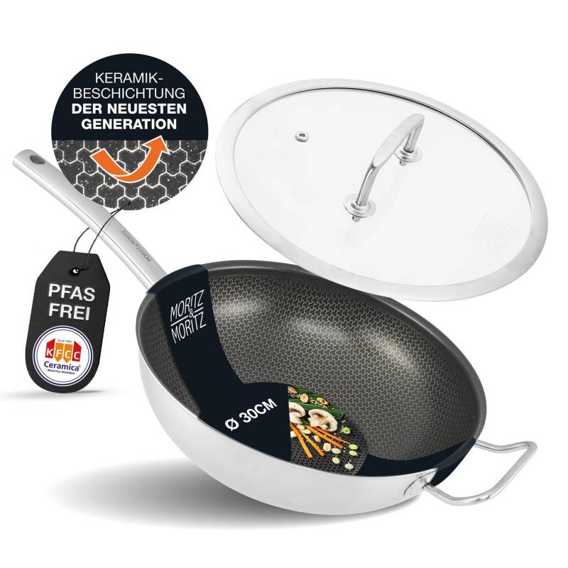 Moritz & Moritz Wok Wokpfanne 30cm mit Deckel, Edelstahl (Set), Antihaft von Moritz & Moritz