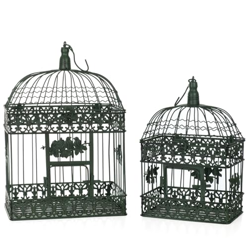 2er Set Dekokäfige Metall altgrün Vintage Vogelkäfig Hängedeko Shabby Chic Garten Deko Käfige mit Ornamenten 51cm und 42cm Blumenmuster Romantik Antik-Look von Moritz