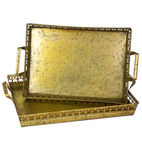 2er Set Dekotabletts aus Metall Antik Gold rechteckig mit Griffen - Serviertablett Vintage-Stil 45×28,5×9 cm & 41×25×9 cm - Deko Tablett Shabby Chic Metalloptik 2er Set Dekotabletts aus Metall Antik Gold rechteckig mit Griffen - Serviertablett Vintage-Stil 45×28,5×9 cm & 41×25×9 cm - Deko Tablett Shabby Chic Metalloptik von Moritz