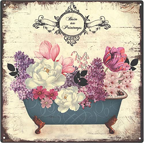 Blechschild Badewann mit Blumen 30 x 30 cm Geschenk-Idee aus Metall Vintage-Design zur Dekoration von Moritz