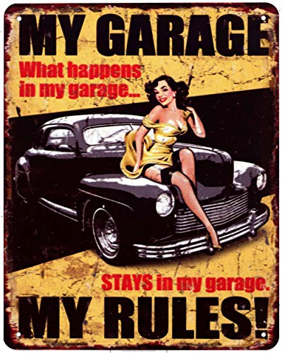 Blechschild My Garage My Rules! Frau auf Auto 20 x 25 cm Deko Schild mit Aufdruck Aufschrift von Moritz