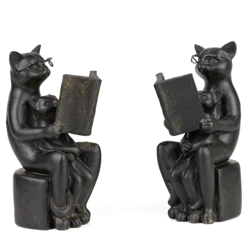 Buchstützen 2er Set Katzen Figuren mit Brille und Buch aus Resin Dekoration Geschenk Katze Dekofigur Schwarz Katzenleser für Bücherregal Tisch Wohnzimmer Modern 15,5cm von Moritz