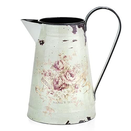 Deko Blech Kanne Metallblumenvase mit Griff und Ausgießer Vintage Retro Dekoration Shabby Motiv Blüten/Blütenmuster von Moritz