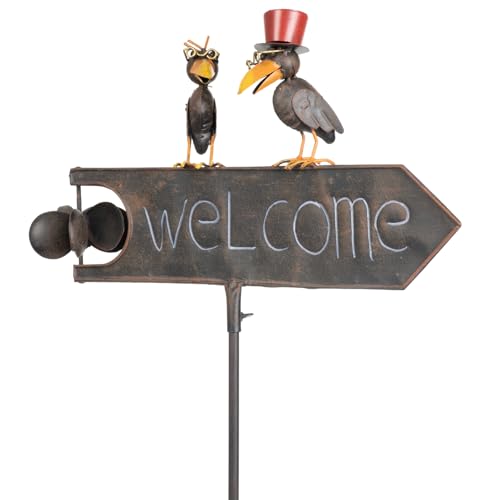 Deko Gartenstecker Welcome Schild mit 2 Raben aus Metall ca. 125x48x11 cm - wetterfeste Gartendeko mit Windspiel-Funktion - Vogel-Figuren mit Brille und Zylinder von Moritz